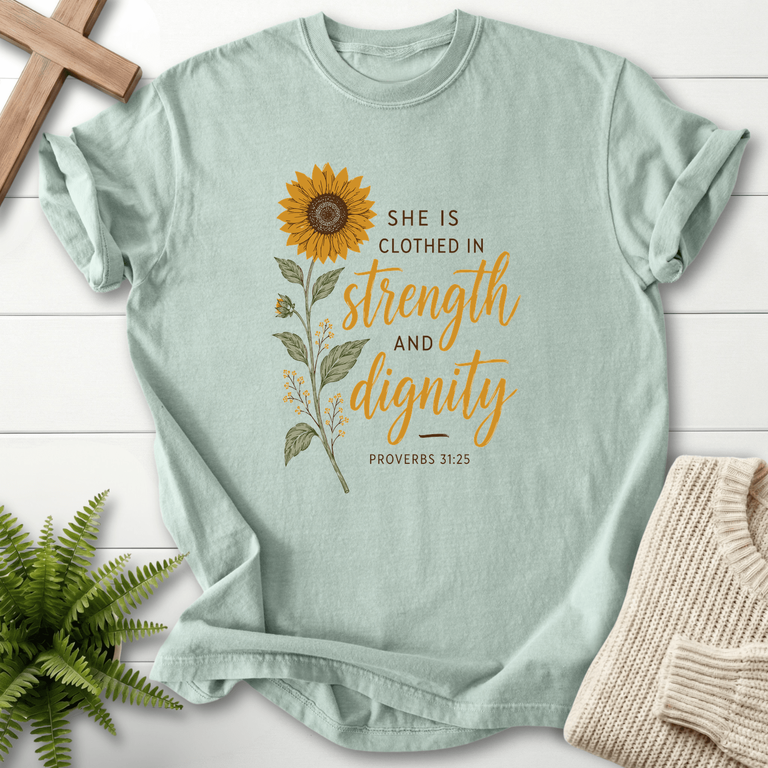 Clothed in Strength and Dignity Prov 31 25 T-Shirt in Bay | She Wears Faith