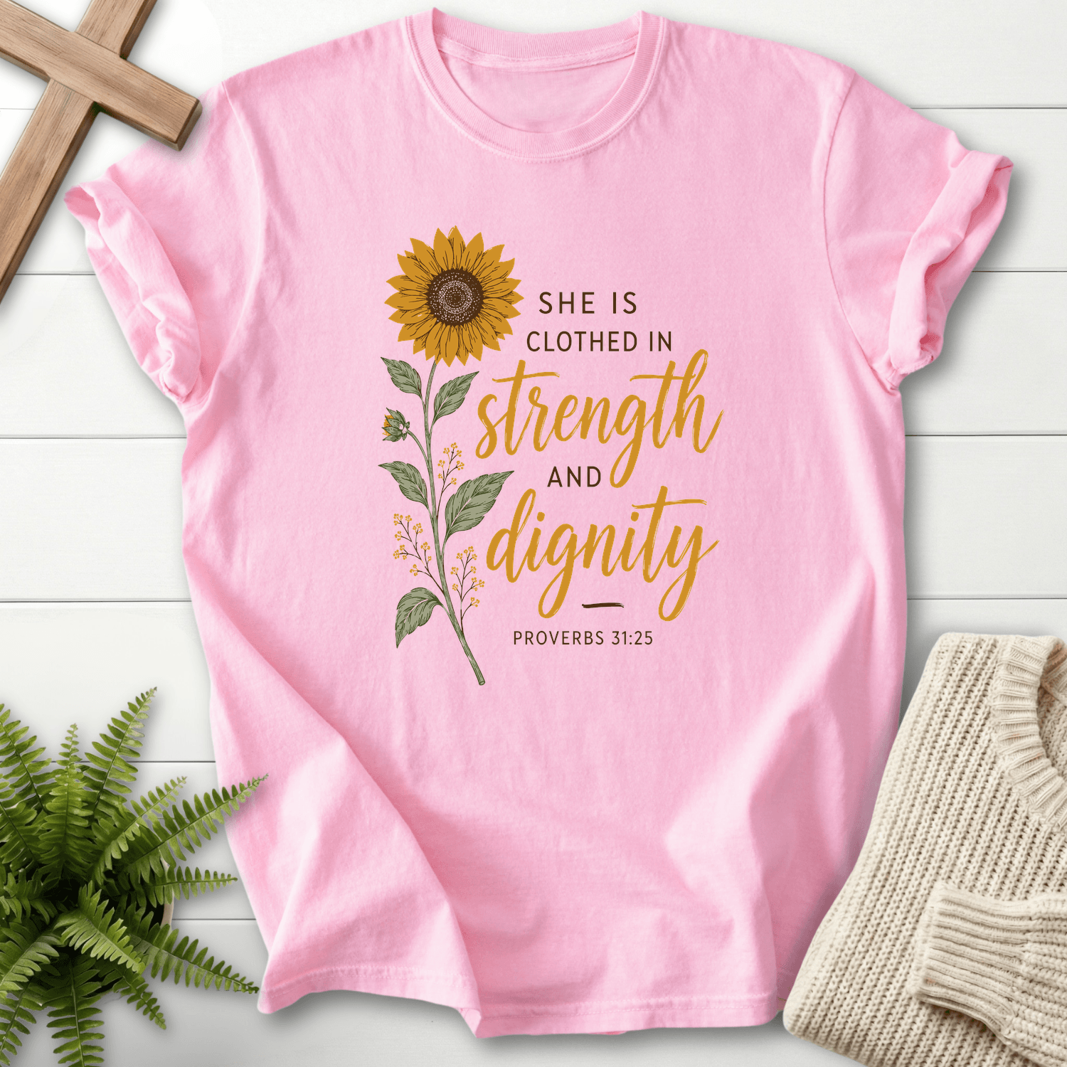 Clothed in Strength and Dignity Prov 31 25 T-Shirt in Blossom | She Wears Faith
