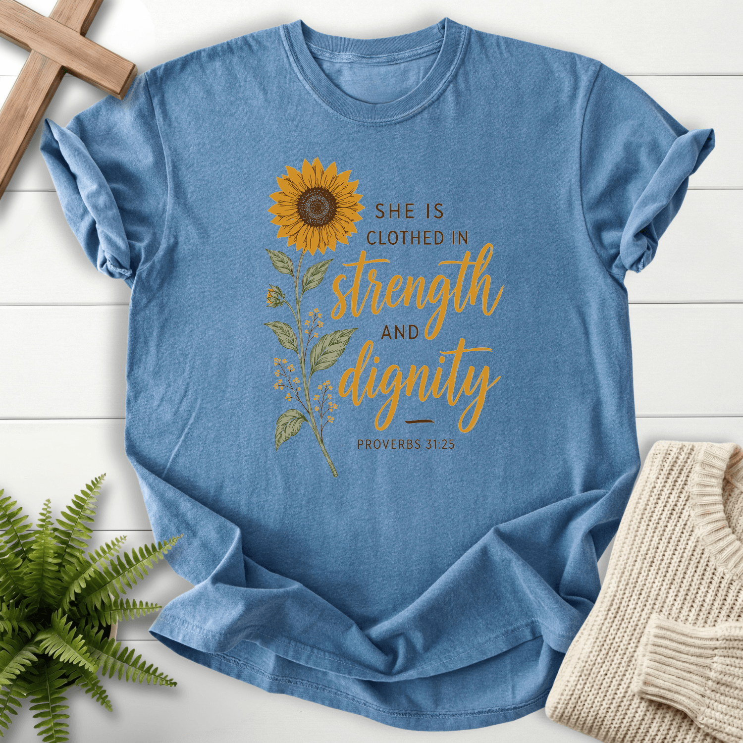 Clothed in Strength and Dignity Prov 31 25 T-Shirt in Blue Jean | She Wears Faith