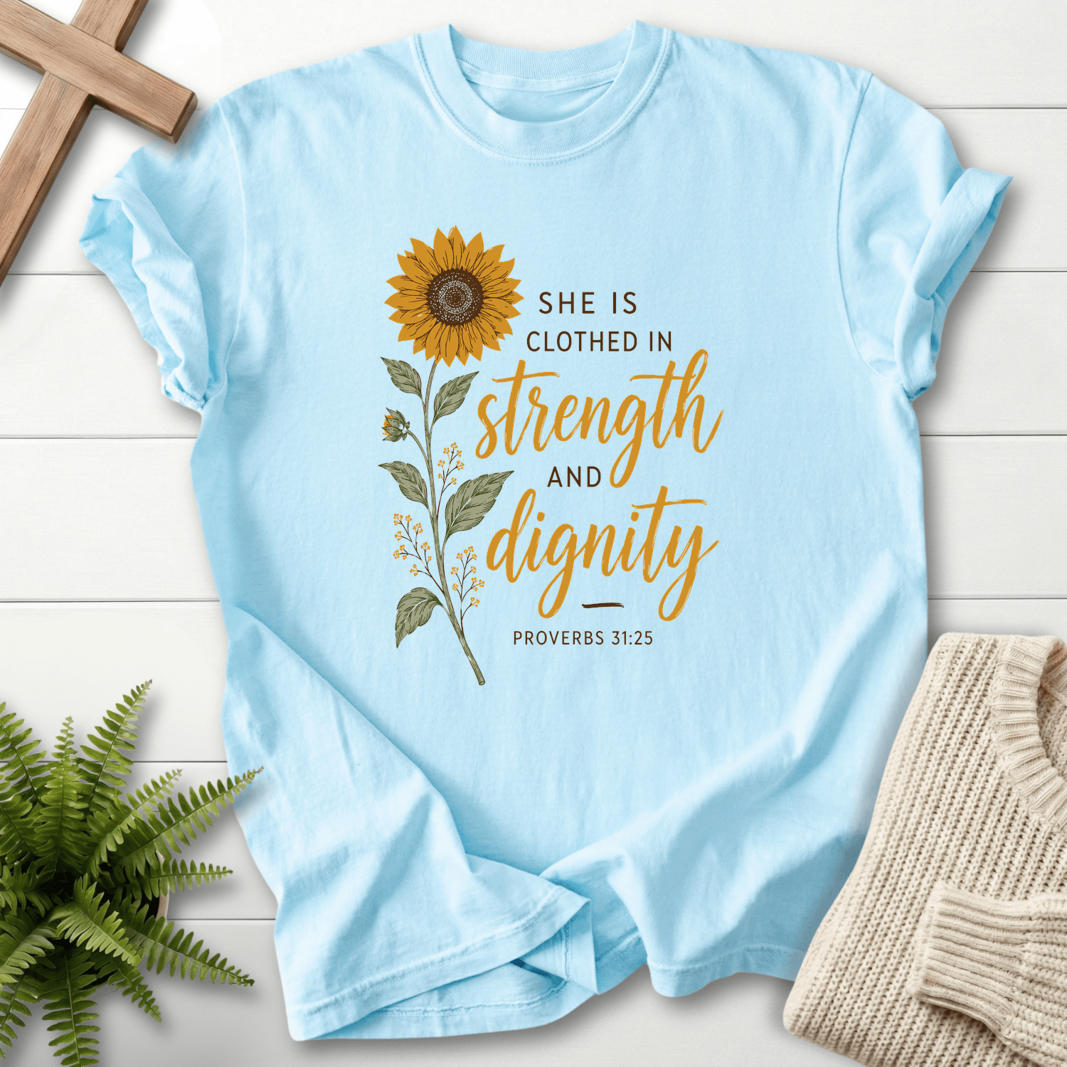 Clothed in Strength and Dignity Prov 31 25 T-Shirt in Chambray | She Wears Faith