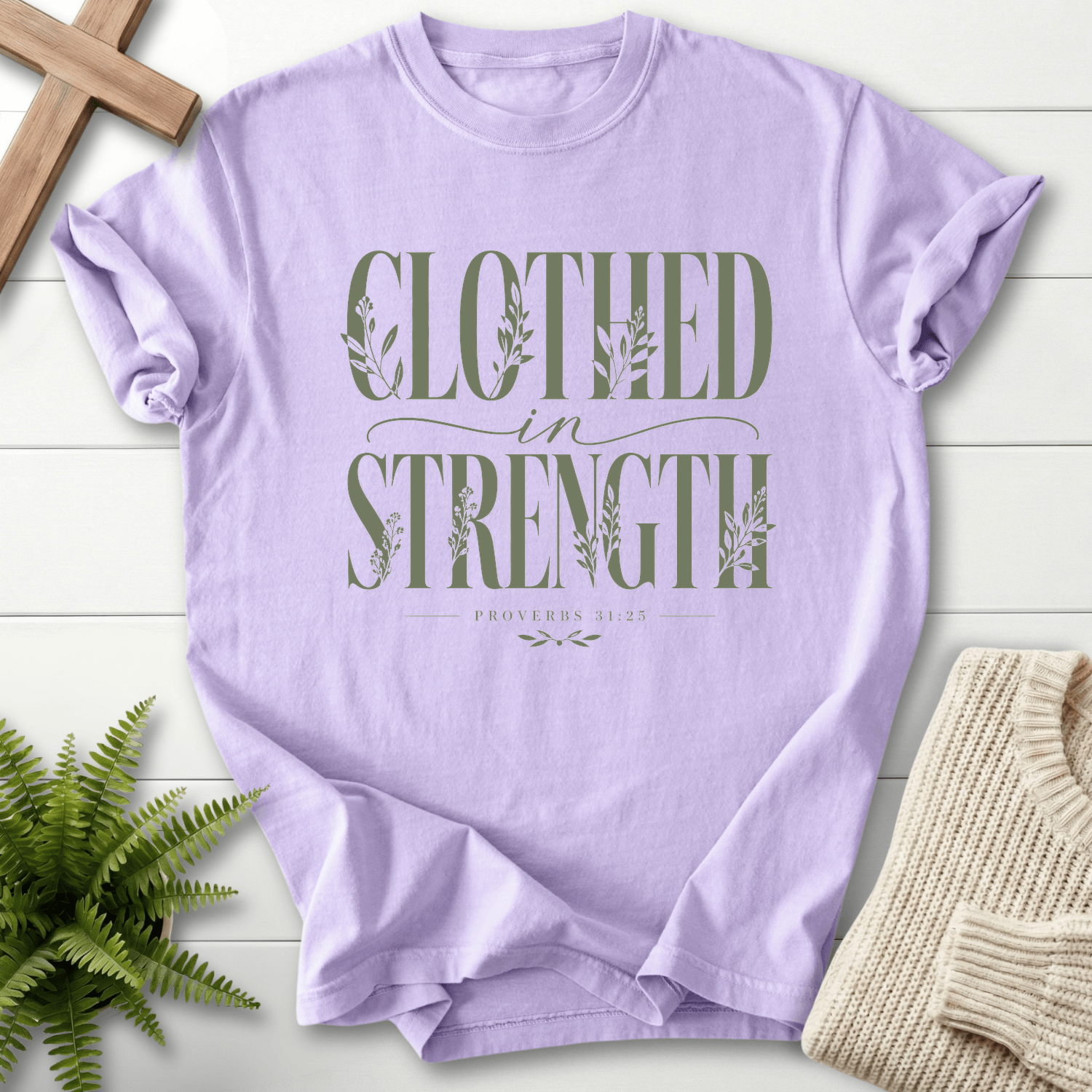 Clothed in Strength Proverbs 31:25 T-Shirt in Orchid | She Wears Faith