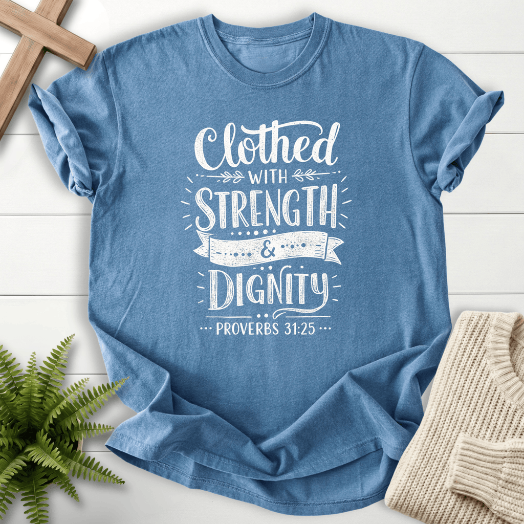 Blue Jean Christian t-shirt for women with mixed typography and ribbon banner accents, inspired by Proverbs 31:25.