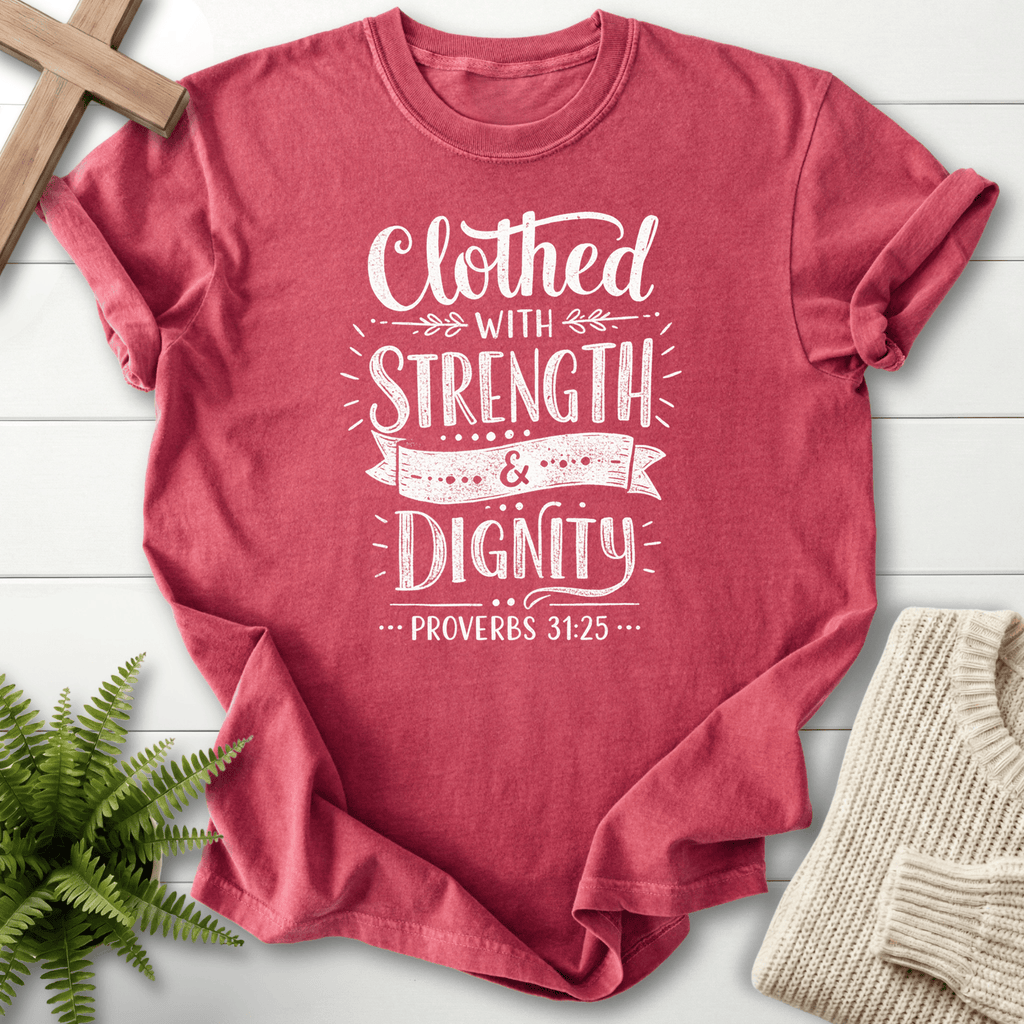 Crimson Christian t-shirt for women with bold distressed white lettering, inspired by Proverbs 31:25.