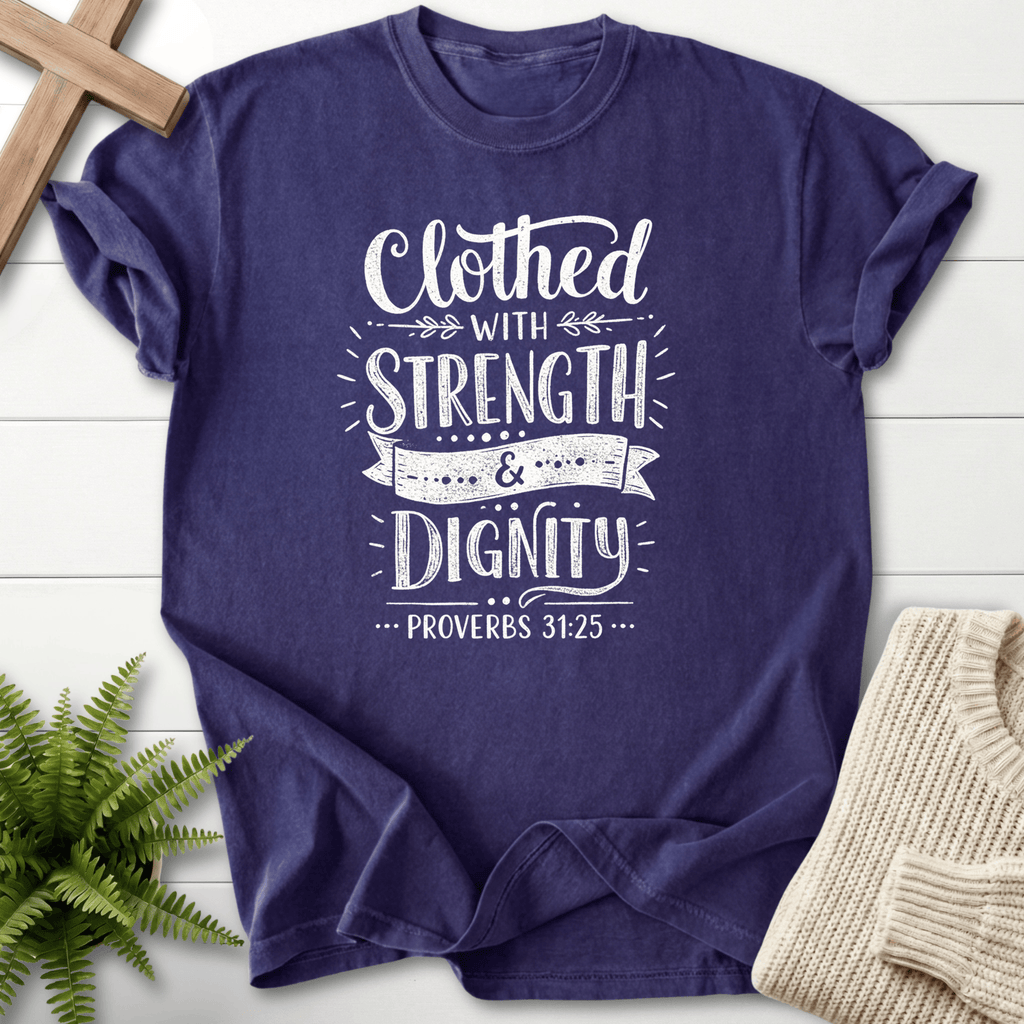 Grape Christian t-shirt for women with mixed typography and ribbon accents, inspired by Proverbs 31:25.