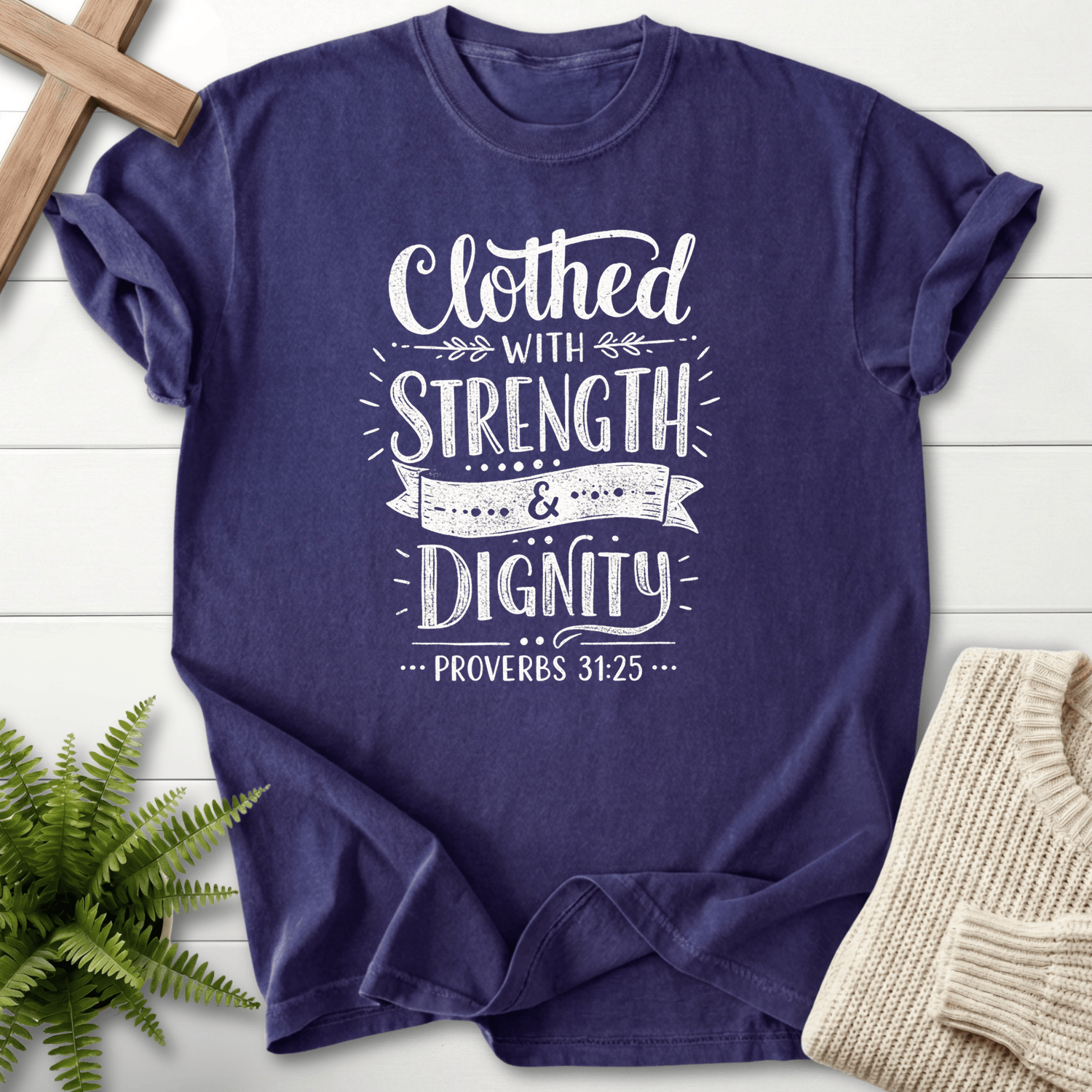 Grape Christian t-shirt for women with mixed typography and ribbon accents, inspired by Proverbs 31:25.