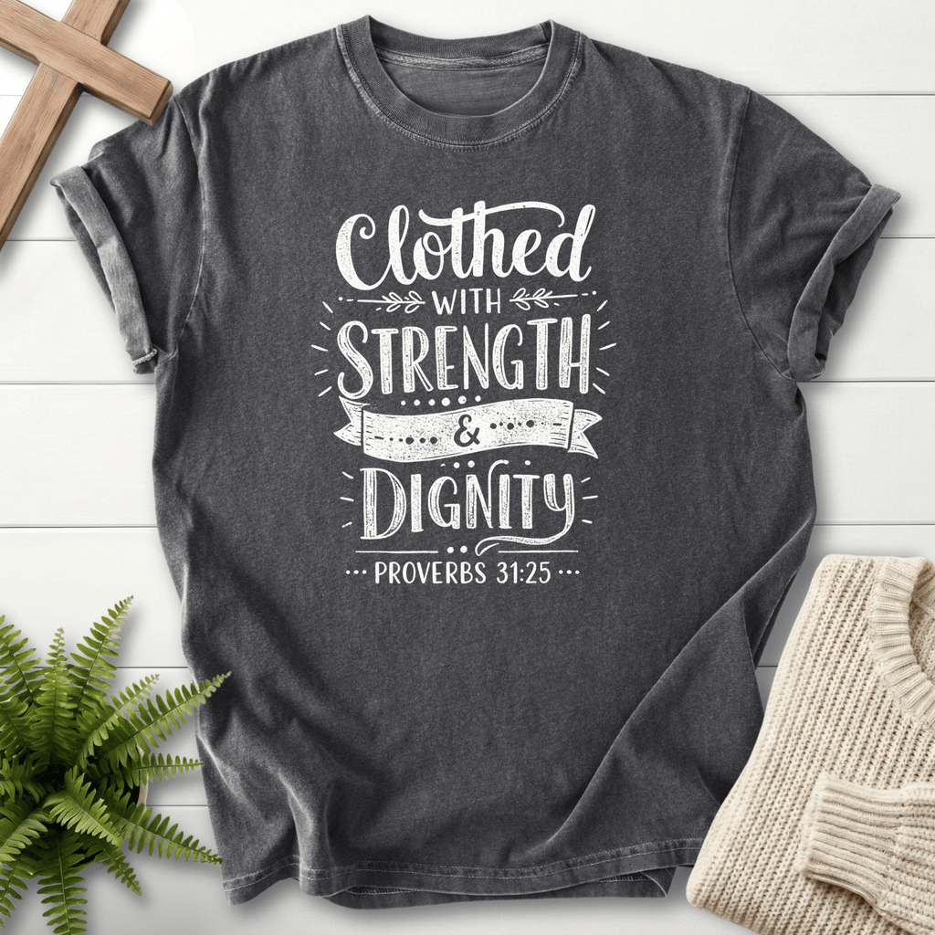 Pepper Christian t-shirt for women with bold white lettering and a banner ribbon design, inspired by Proverbs 31:25.