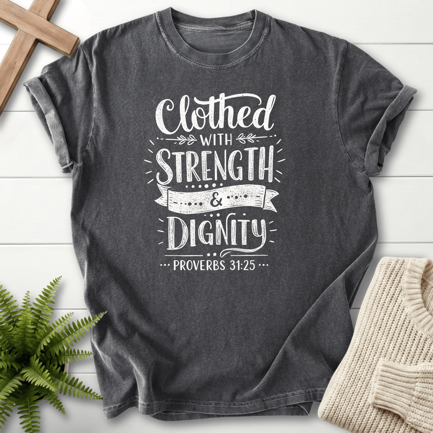 Pepper Christian t-shirt for women with bold white lettering and a banner ribbon design, inspired by Proverbs 31:25.