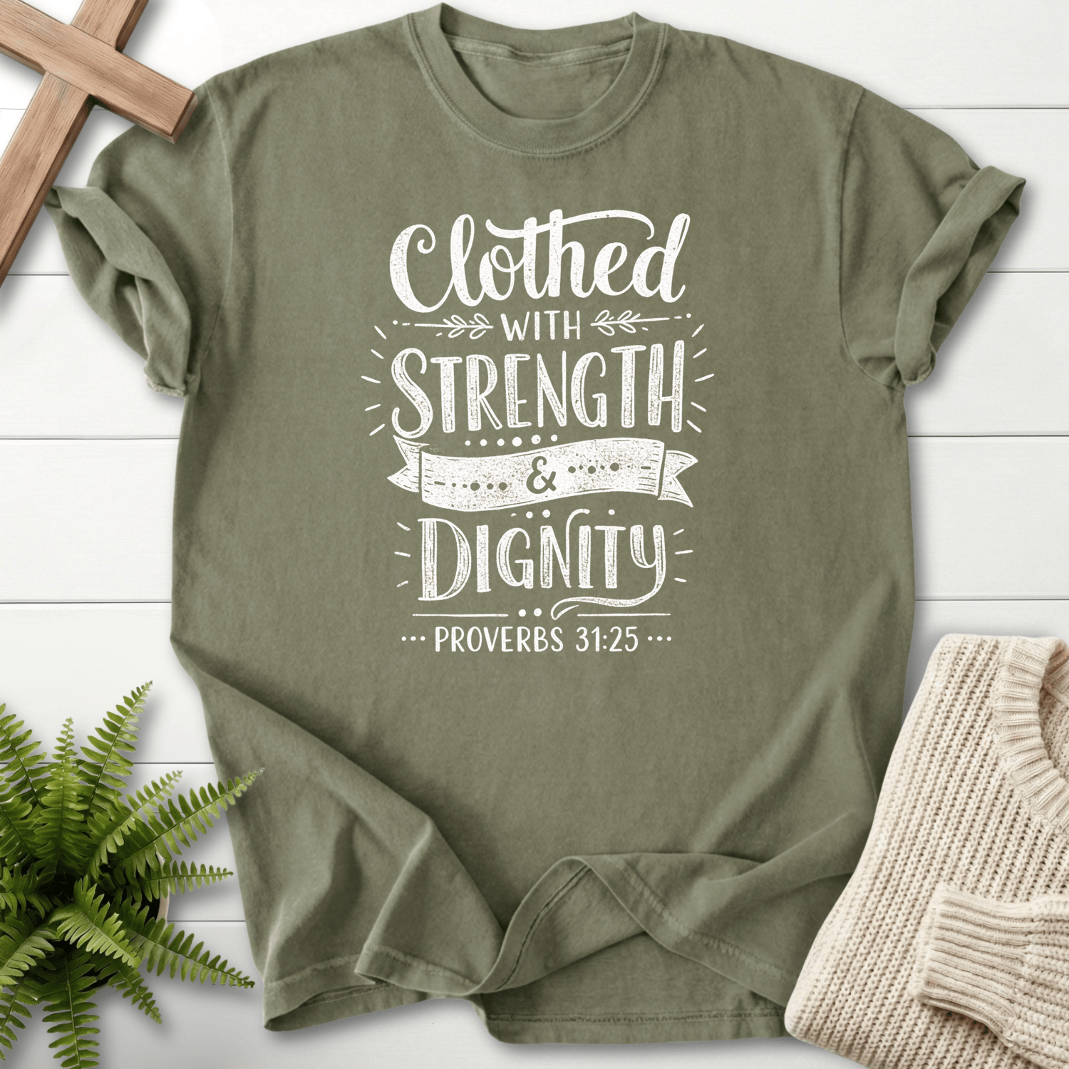 Sage Christian t-shirt for women with bold white distressed lettering and leaf accents, Comfort Colors 1717, inspired by Proverbs 31:25.