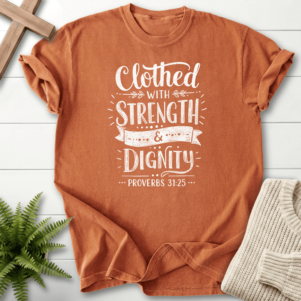 Yam Christian t-shirt for women with a white banner ribbon design and leaf details, She Wears Faith, inspired by Proverbs 31:25.