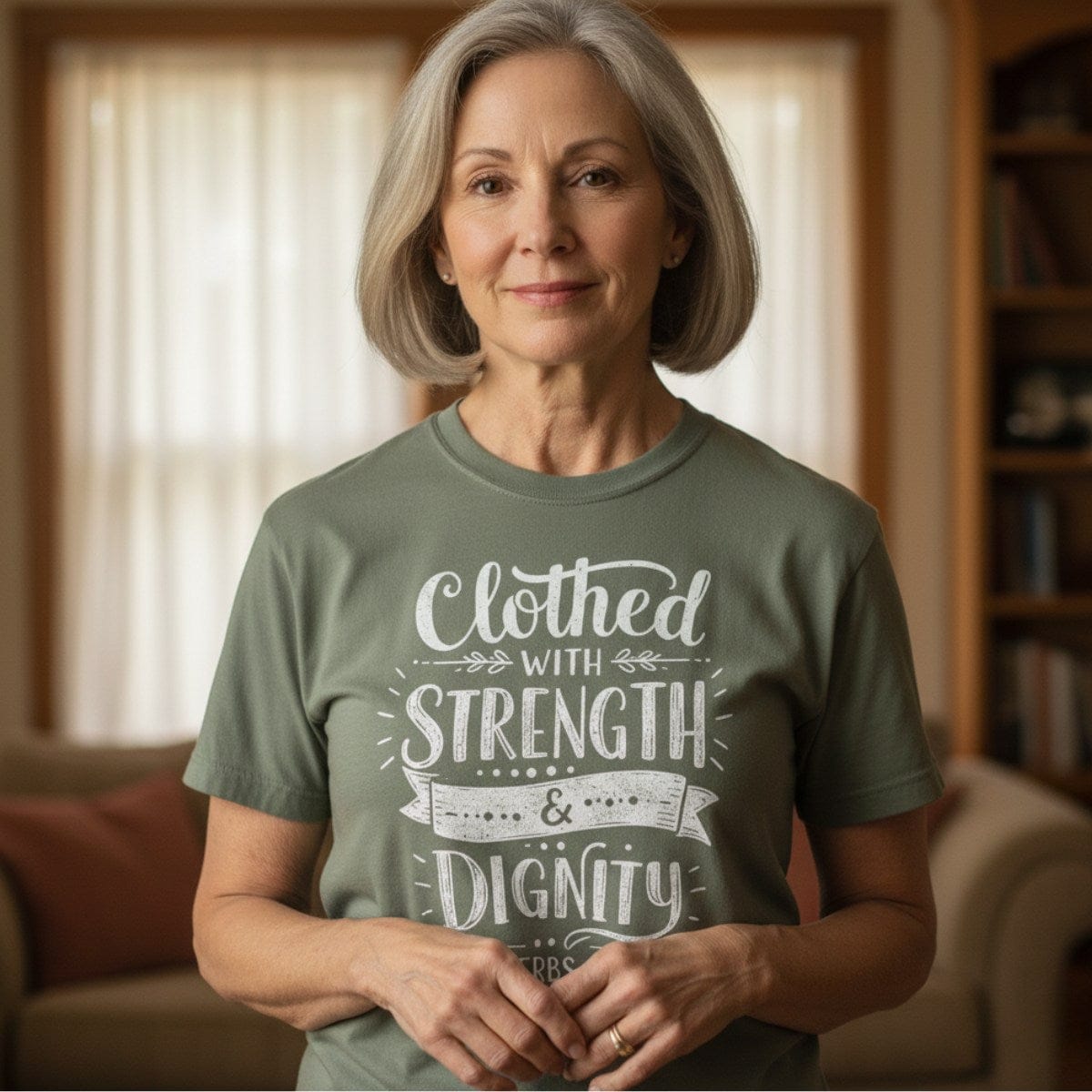 Graceful woman standing indoors wearing a Comfort Colors 1717 sage “Clothed with Strength & Dignity – Proverbs 31:25” t-shirt. A timeless women’s scripture tee — modern Christian shirt celebrating inner strength, perfect faith-based gift for moms and women of faith.