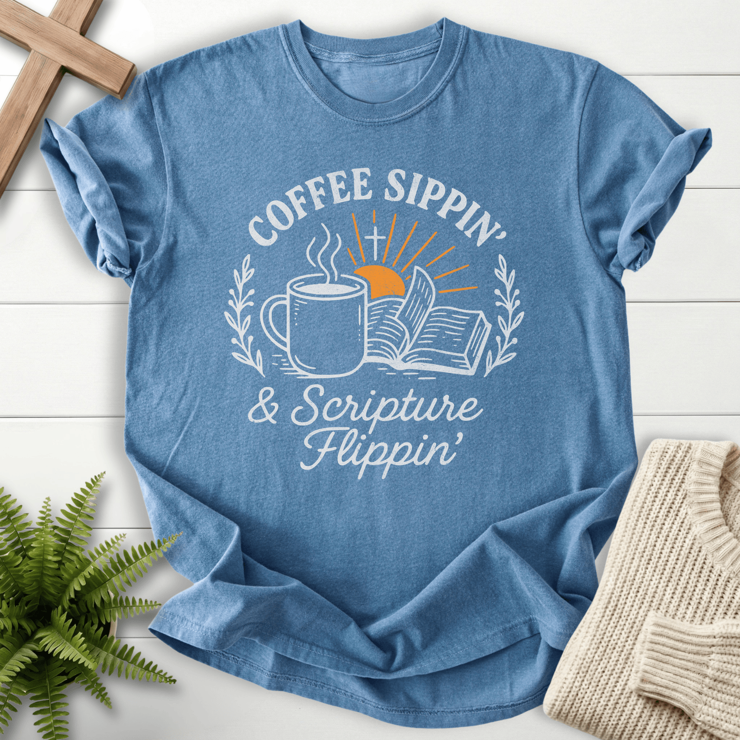 Blue Jean Christian t-shirt for women with a retro coffee mug and sunrise design, She Wears Faith.