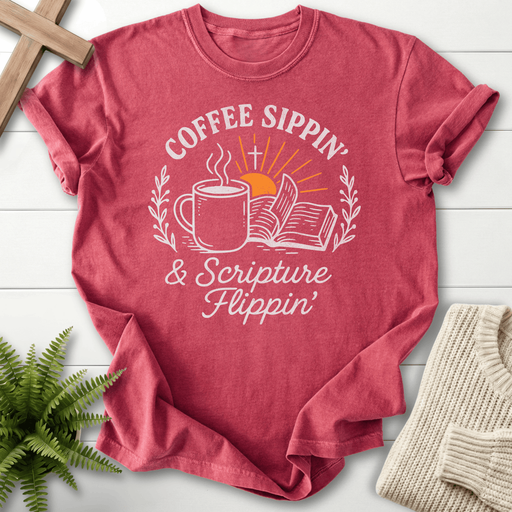 Crimson Christian t-shirt for women with a vintage badge on garment-dyed Comfort Colors.