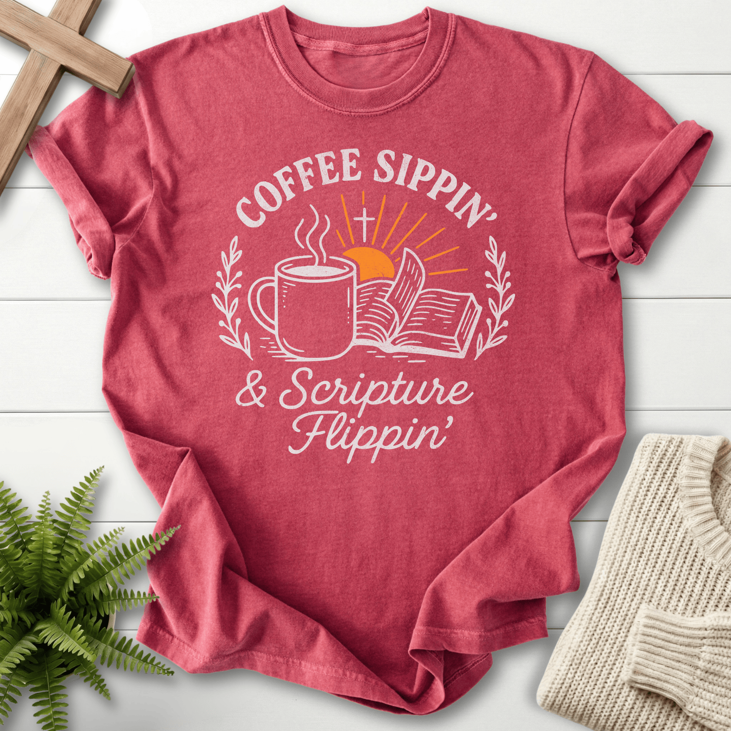 Crimson Christian t-shirt for women with a vintage badge on garment-dyed Comfort Colors.