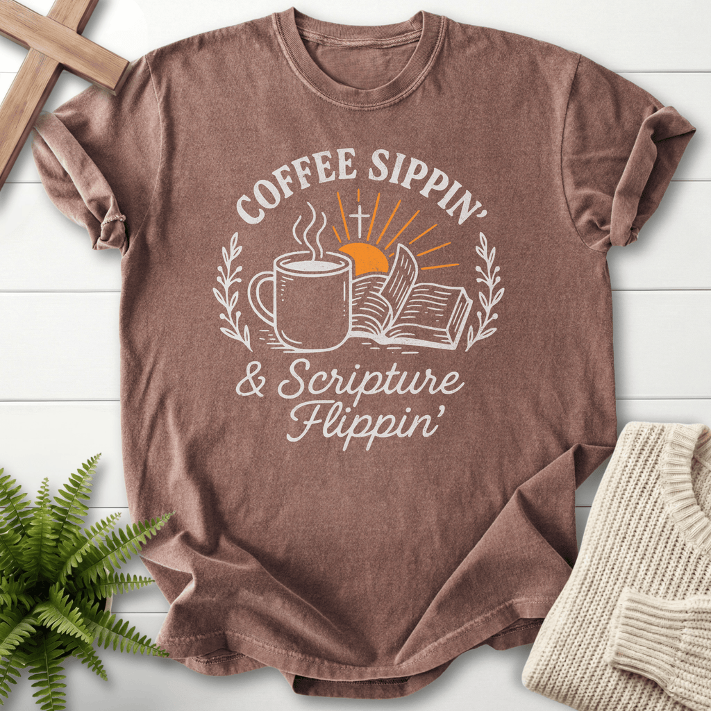Espresso Christian t-shirt for women with a retro badge, coffee mug, and open Bible design.