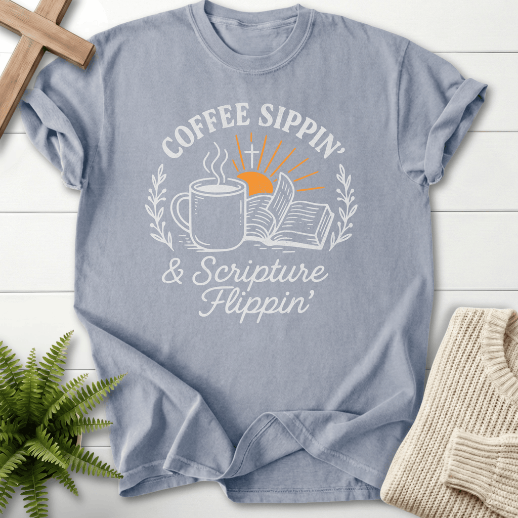 Granite Christian t-shirt for women with a retro circular badge and open Bible illustration.