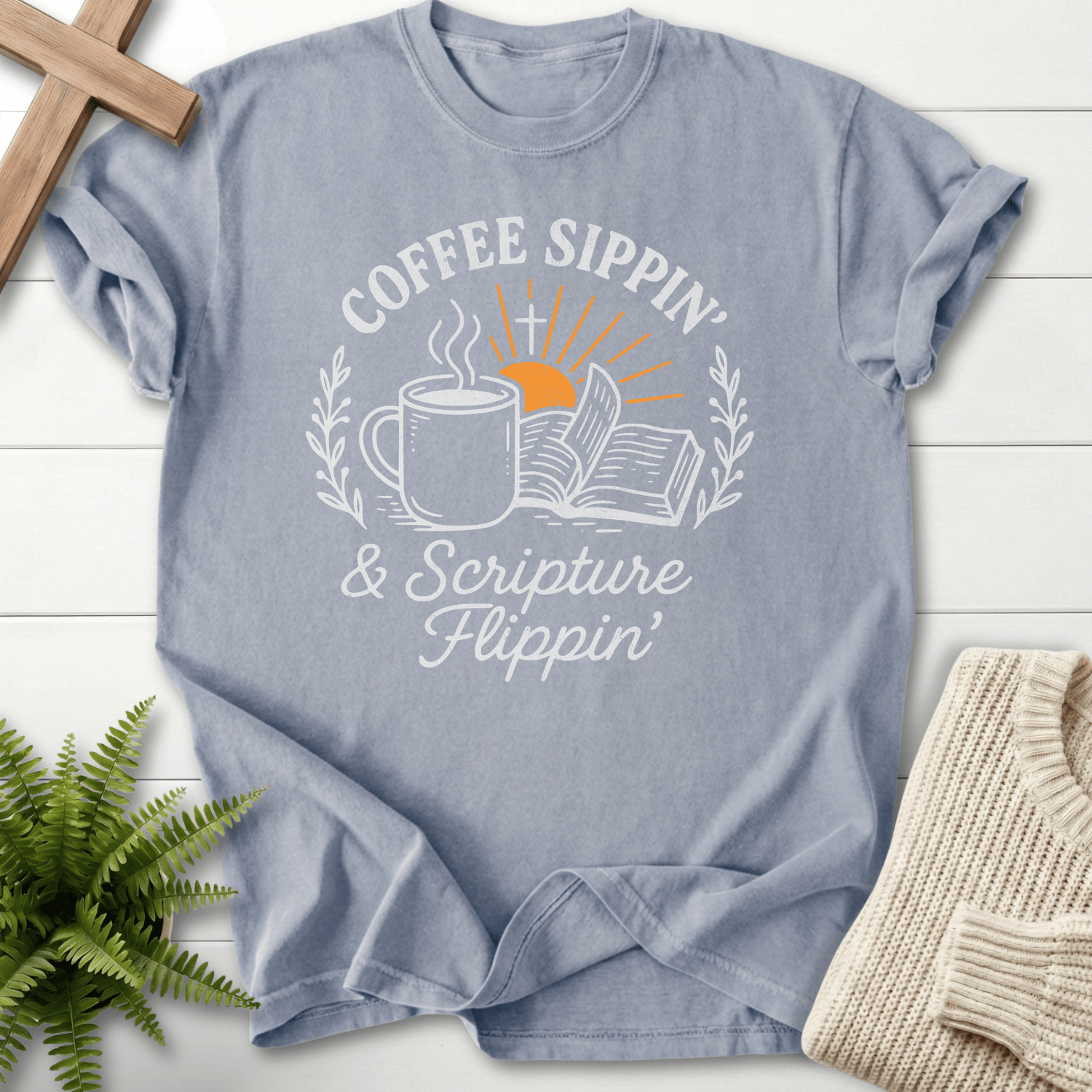 Granite Christian t-shirt for women with a retro circular badge and open Bible illustration.