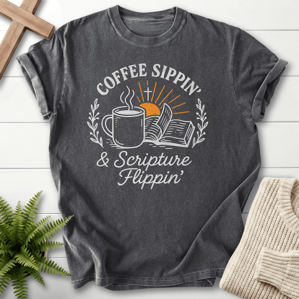 Pepper Christian t-shirt for women with a retro circular badge graphic and open Bible accent.