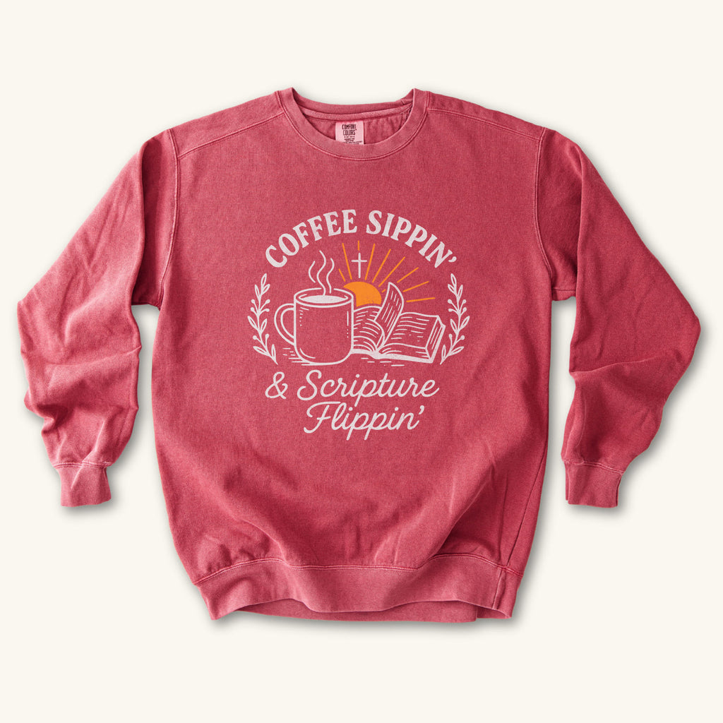 Crimson Coffee Sippin' Scripture Flippin' sweatshirt flat lay mockup, Christian apparel for women