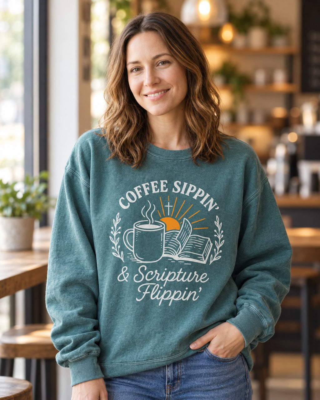 Coffee Sippin' Scripture Flippin', Blue Spruce women's Christian sweatshirt, lifestyle photo in cozy cafe, Coffee mug and open book with Coffee Sippin Scripture Flippin, She Wears Faith