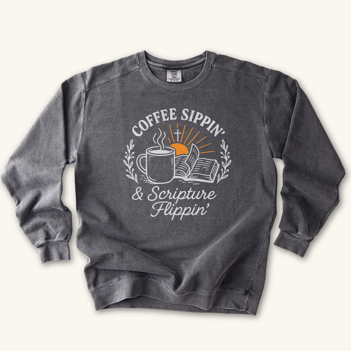 Pepper Coffee Sippin' Scripture Flippin' sweatshirt flat lay mockup, Christian apparel for women