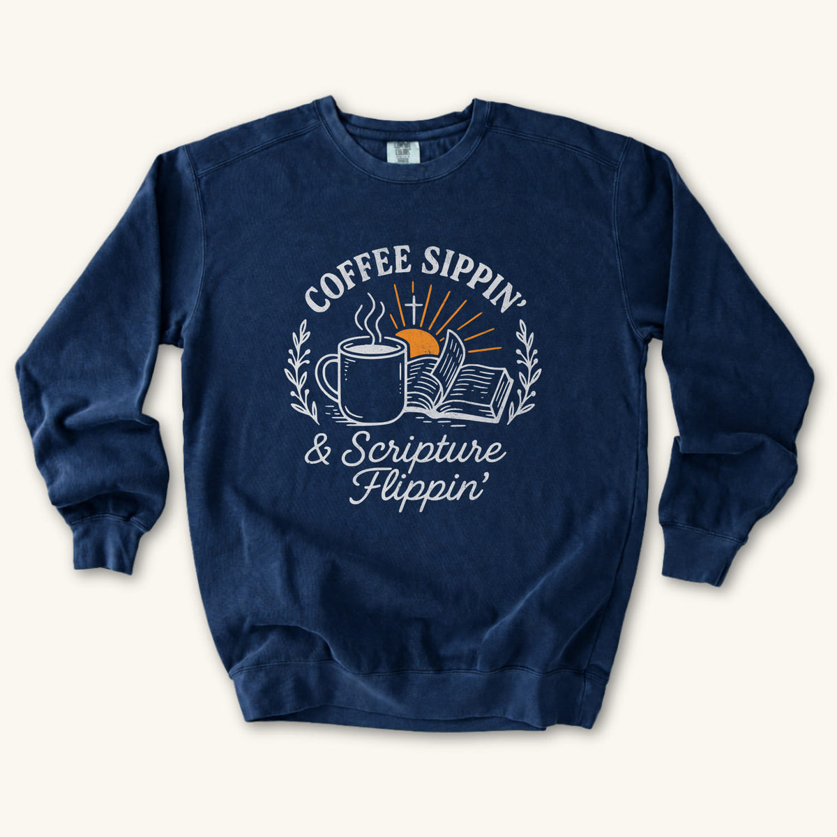True Navy Coffee Sippin' Scripture Flippin' sweatshirt flat lay mockup, Christian apparel for women