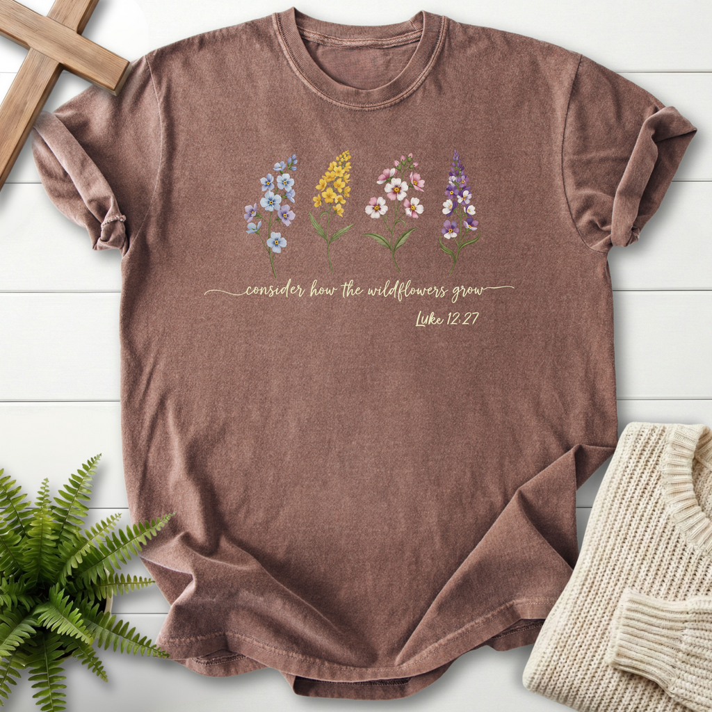 Espresso Christian t-shirt for women with an illustrated wildflower design, inspired by Luke 12:27.