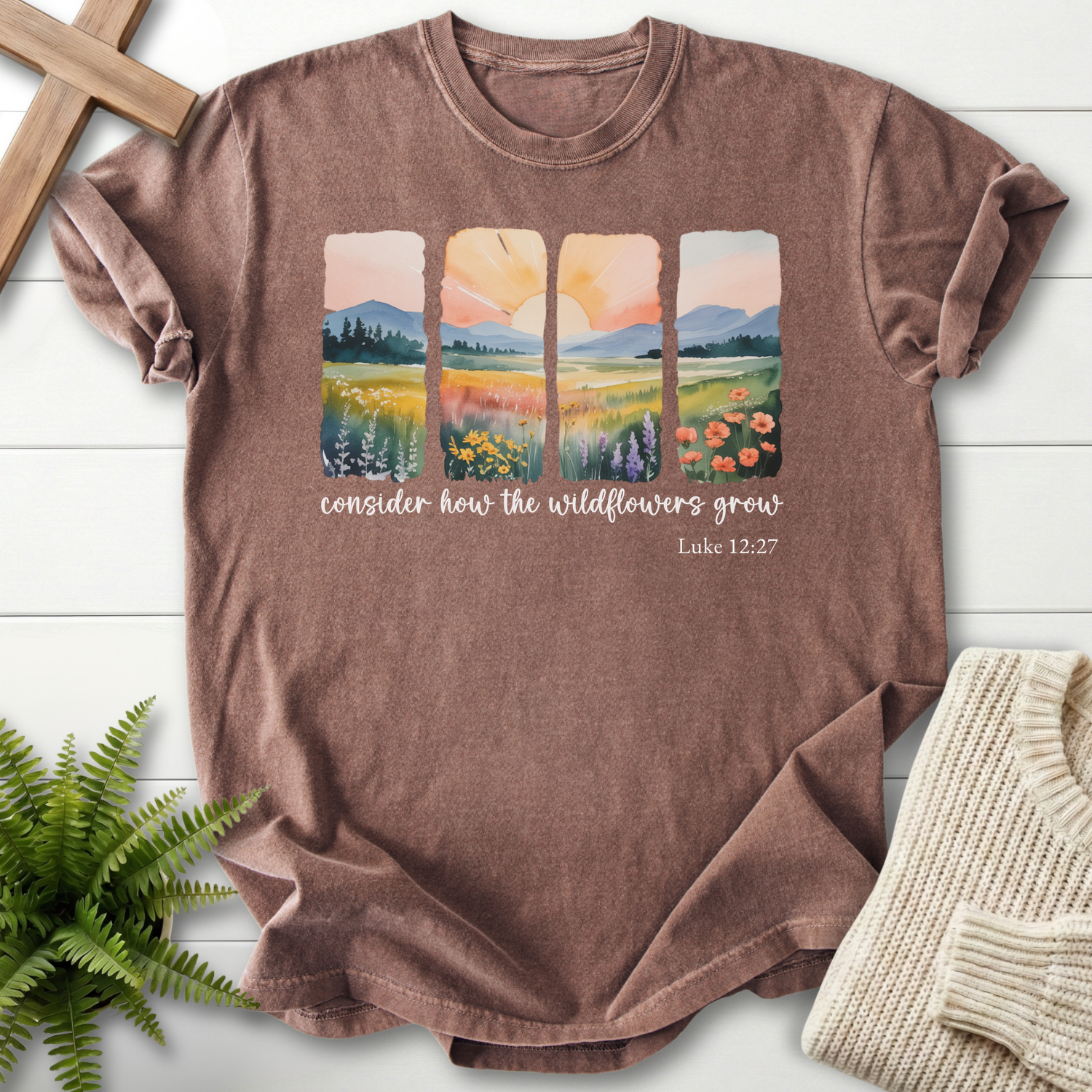 Espresso Christian t-shirt for women with a watercolor landscape illustration, inspired by Luke 12:27.