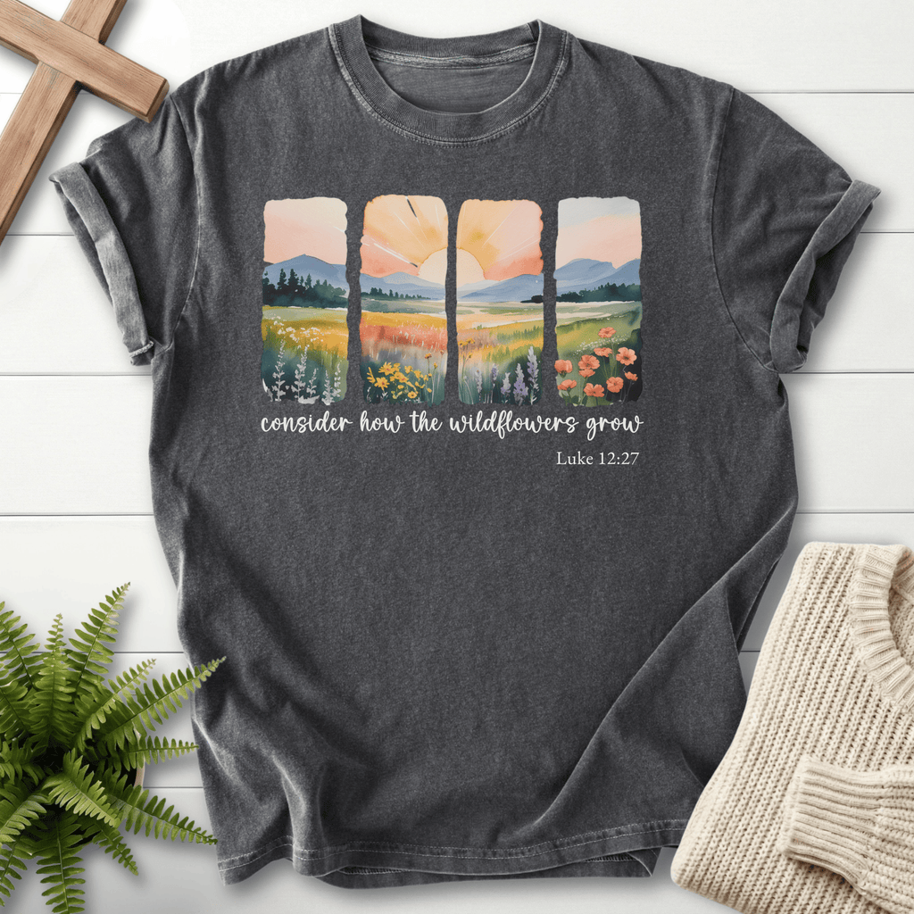 Pepper women's faith t-shirt with watercolor wildflower landscape panels, Comfort Colors 1717, inspired by Luke 12:27.
