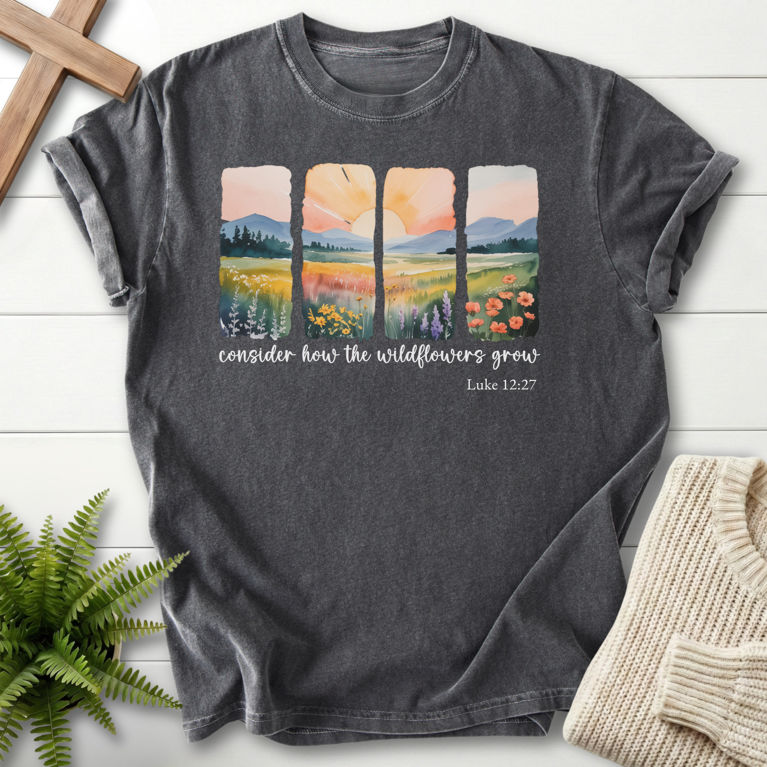 Pepper women's faith t-shirt with watercolor wildflower landscape panels, Comfort Colors 1717, inspired by Luke 12:27.