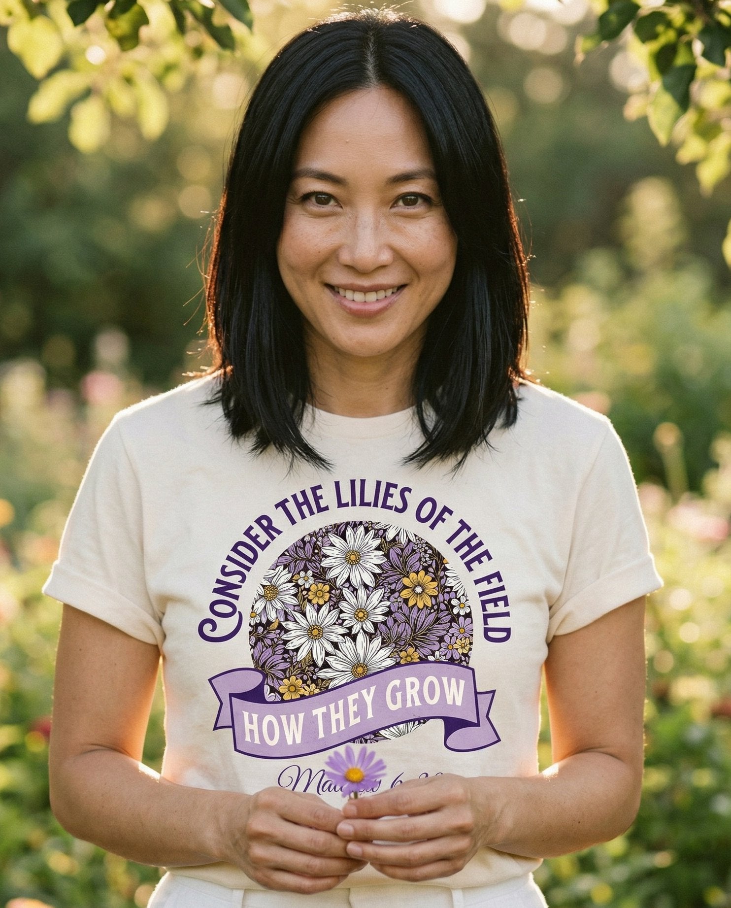 Consider the Lilies – Ivory women's Christian tee, lifestyle photo in outdoor garden – Bold circular design with 'Consider the Lilies of the Field How They G – Matthew 6:28 – She Wears Faith