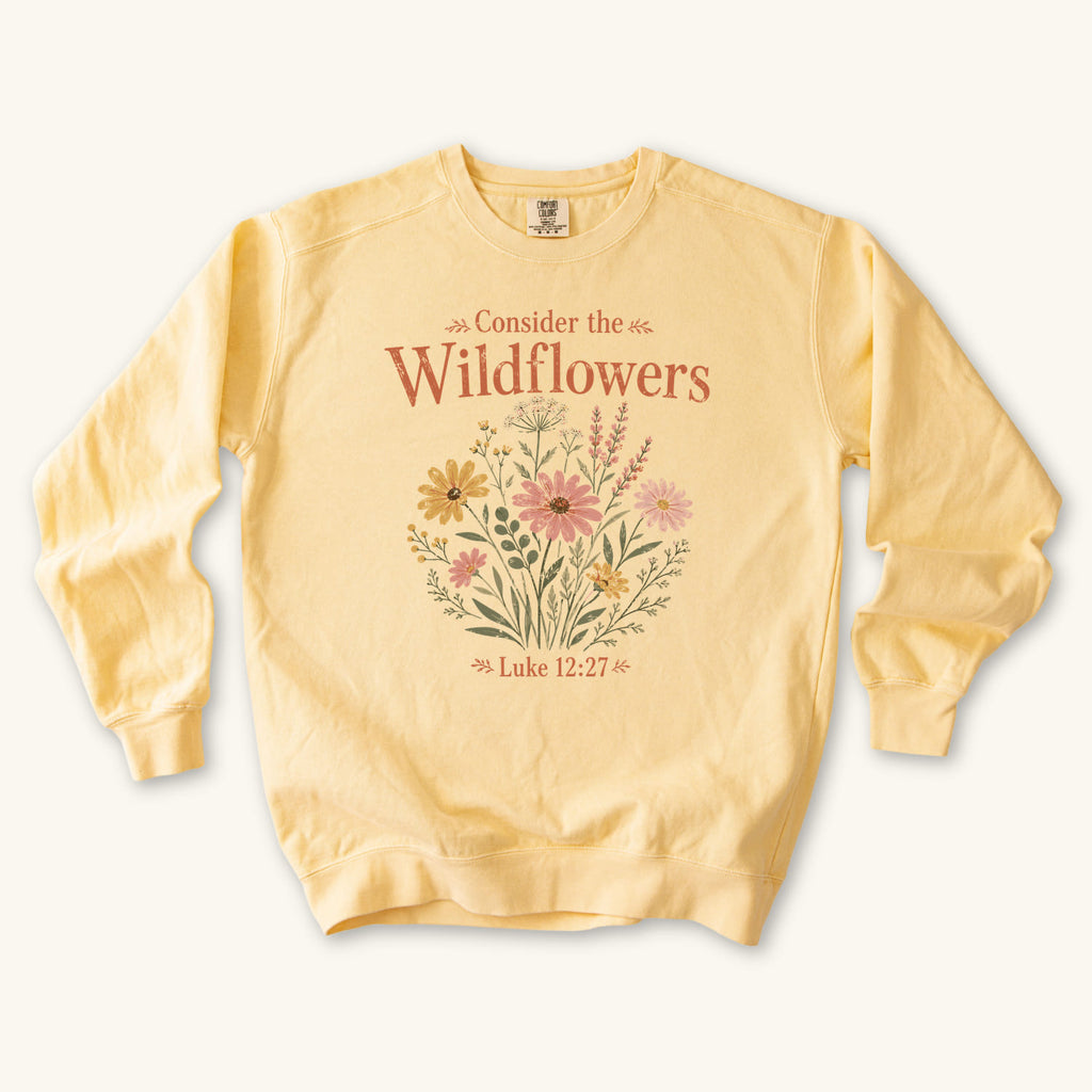 Butter Consider the Wildflowers Boho sweatshirt flat lay mockup, Luke 12:27 Christian apparel for women