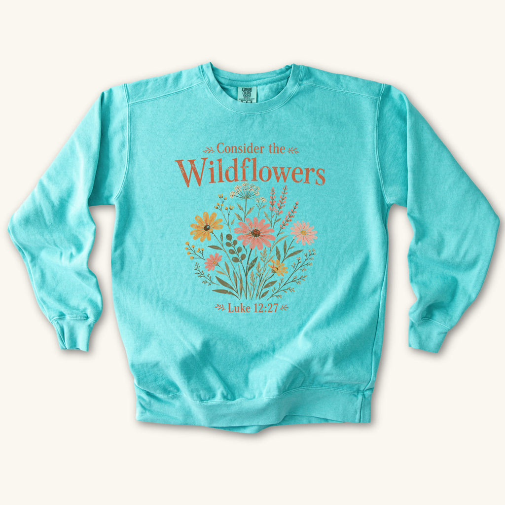 Chalky Mint Consider the Wildflowers Boho sweatshirt flat lay mockup, Luke 12:27 Christian apparel for women