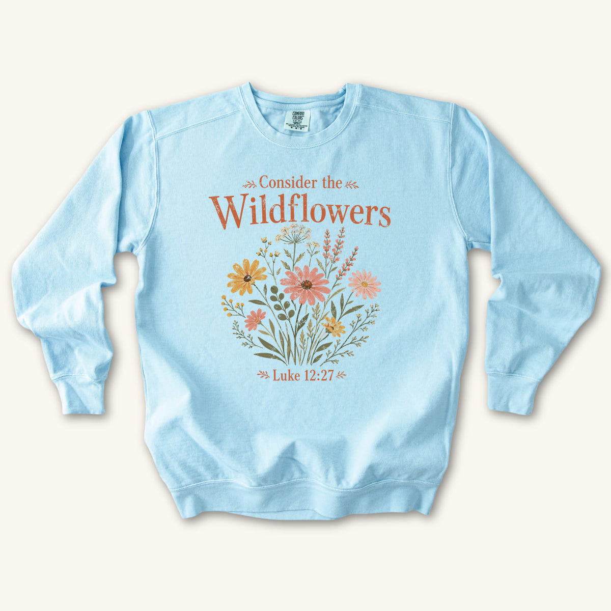 Chambray Consider the Wildflowers Boho sweatshirt flat lay mockup, Luke 12:27 Christian apparel for women