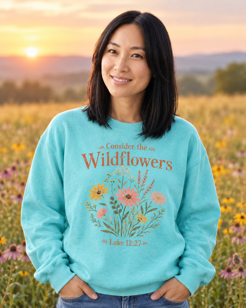 Consider the Wildflowers Boho – Chalky Mint women's Christian sweatshirt, lifestyle photo in wildflower meadow at sunrise – Boho wildflower bouquet with Consider the Wildflowers – She Wears Faith