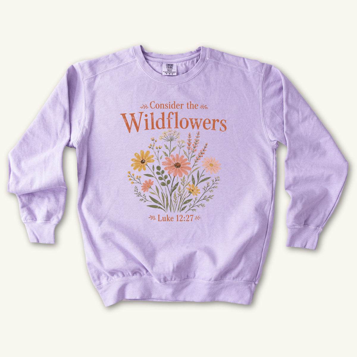Orchid Consider the Wildflowers Boho sweatshirt flat lay mockup, Luke 12:27 Christian apparel for women