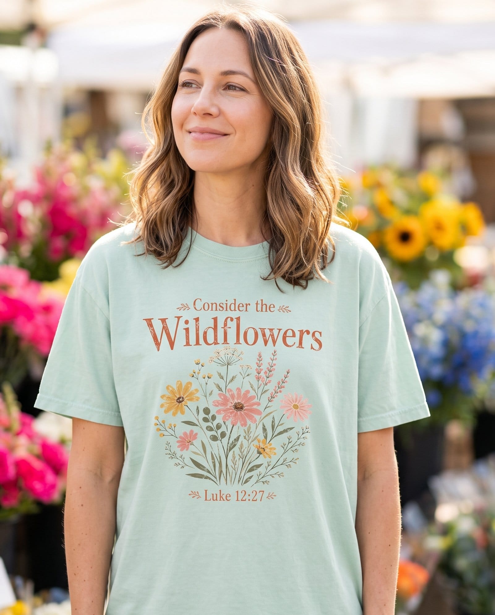 Consider the Wildflowers Boho – Bay women's Christian tee, lifestyle photo in farmers market – Terracotta serif lettering 'Consider the Wildflowers' above a boho bou – Luke 12:27 – She Wears Faith