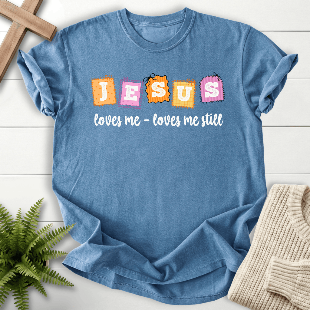 Blue Jean women's Christian t-shirt with colorful patchwork "Jesus loves me loves me still" stamp design