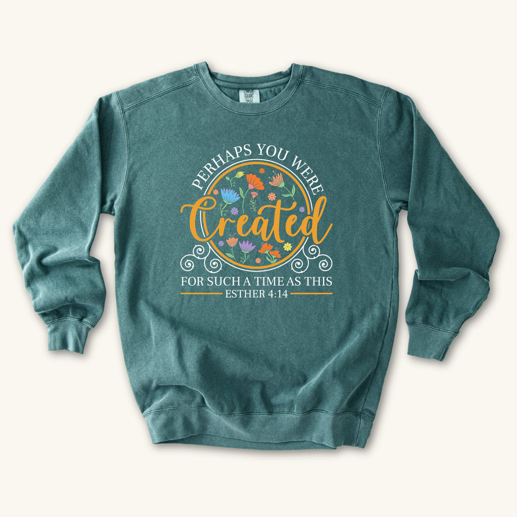 Blue Spruce Created for Such a Time as This sweatshirt flat lay mockup, Esther 4:14 Christian apparel for women