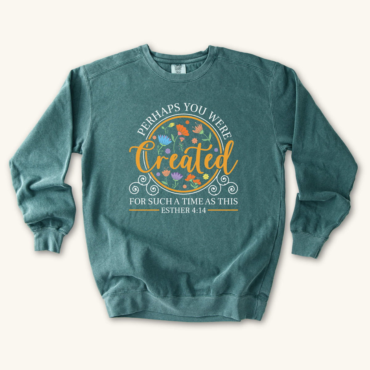 Blue Spruce Created for Such a Time as This sweatshirt flat lay mockup, Esther 4:14 Christian apparel for women