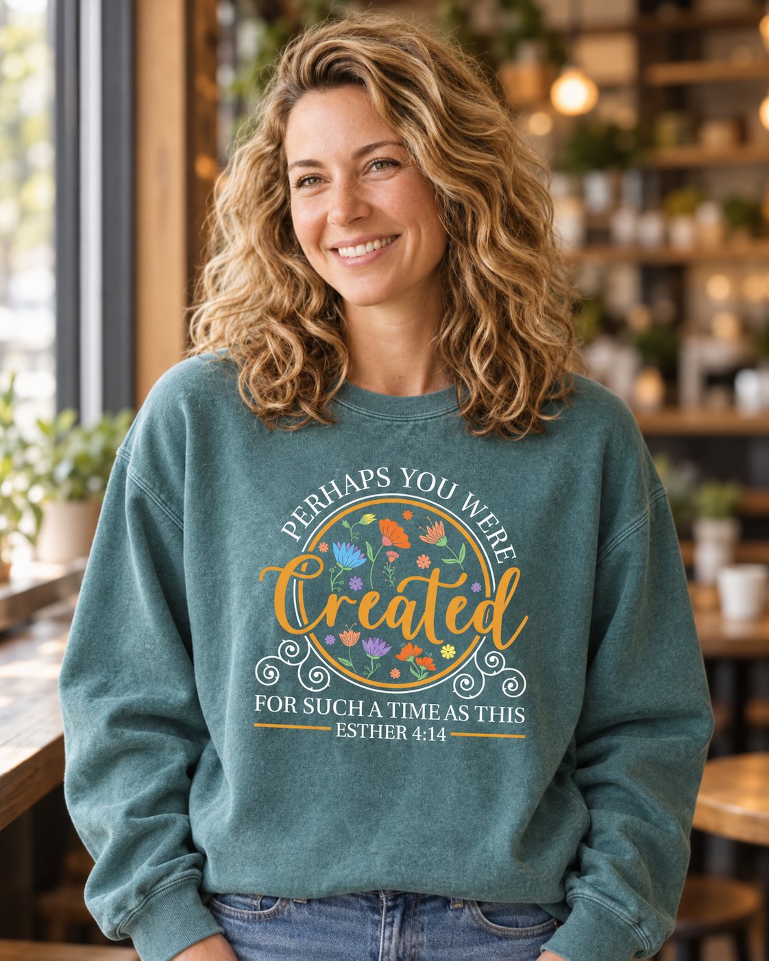 Created for Such a Time as This, Blue Spruce women's Christian sweatshirt, lifestyle photo in cozy cafe, Floral circle Created for such a time as this, She Wears Faith