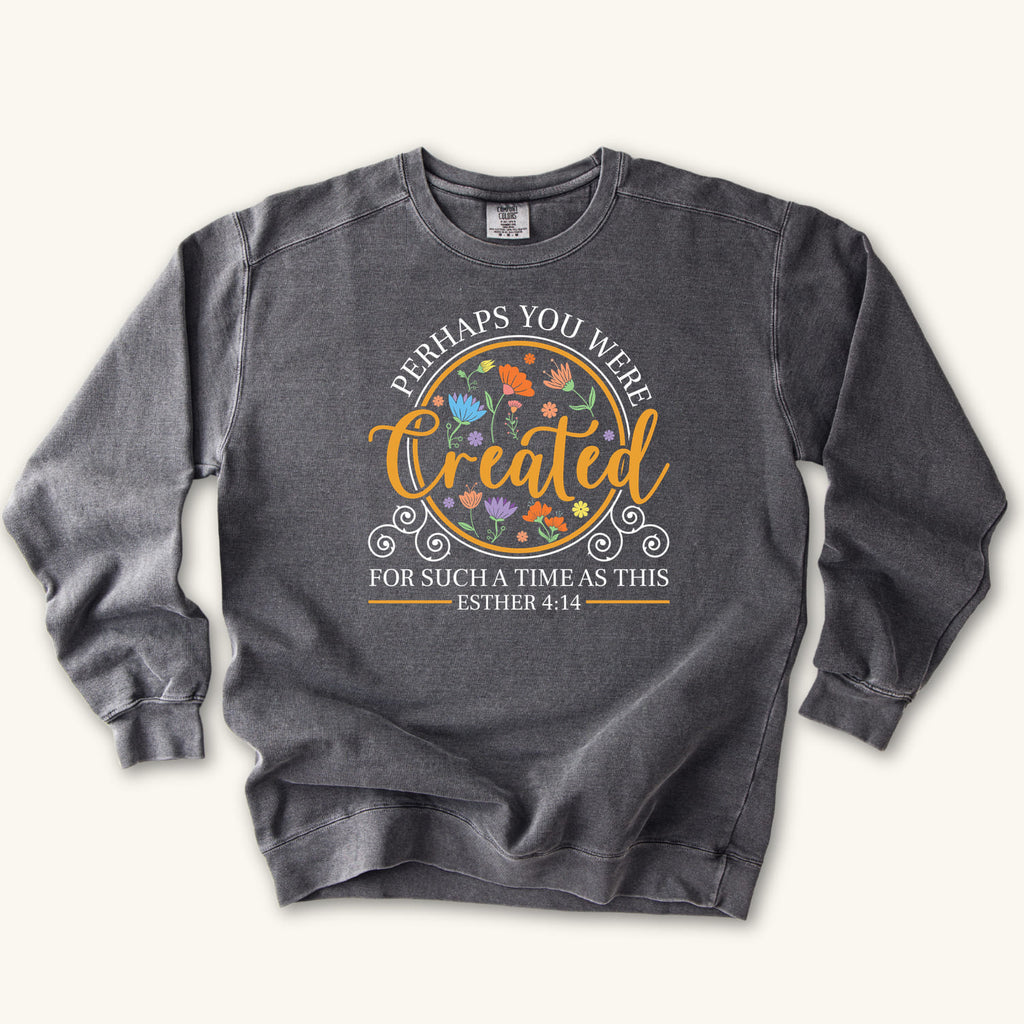 Pepper Created for Such a Time as This sweatshirt flat lay mockup, Esther 4:14 Christian apparel for women