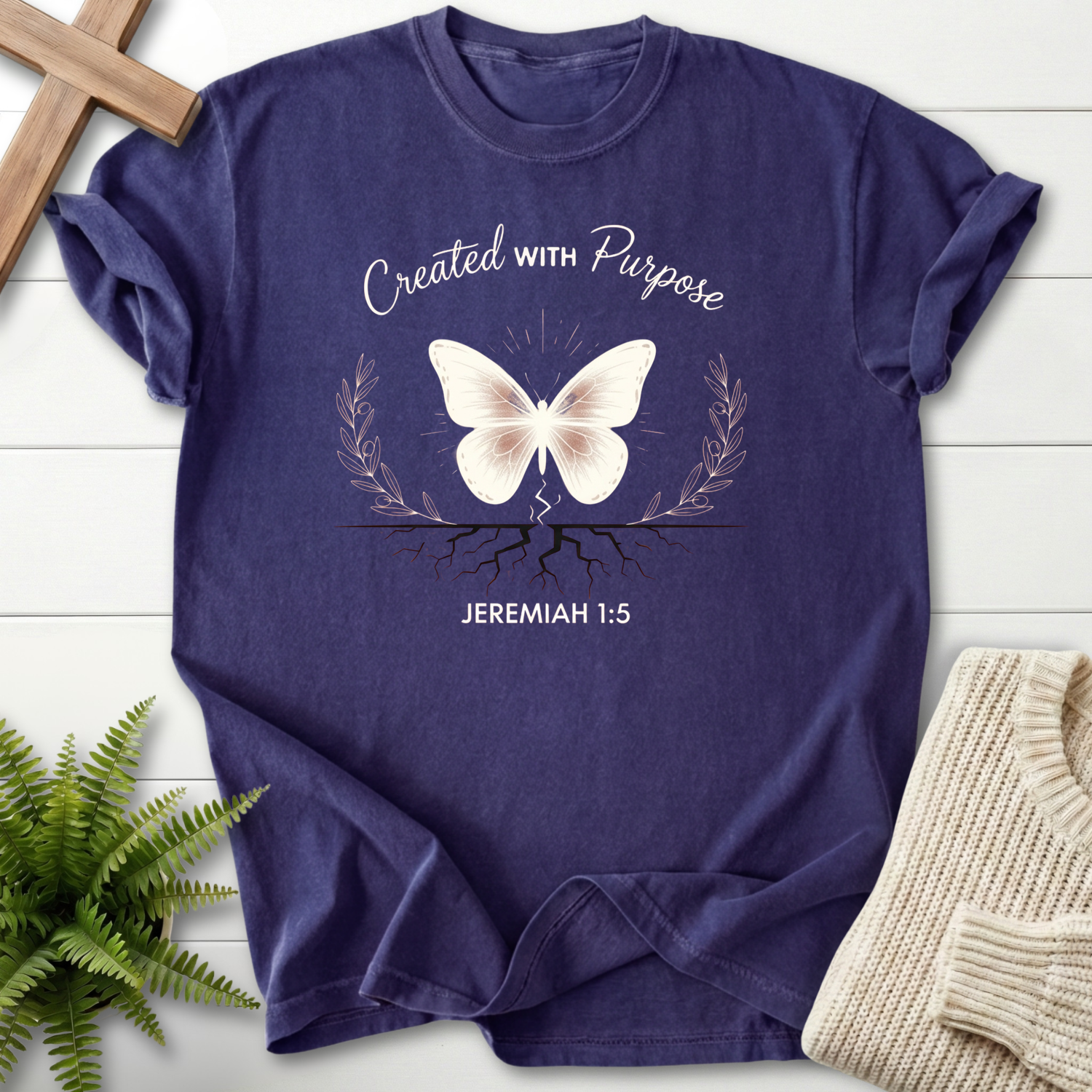 Grape Christian t-shirt for women with a butterfly roots design, inspired by Jeremiah 1:5.