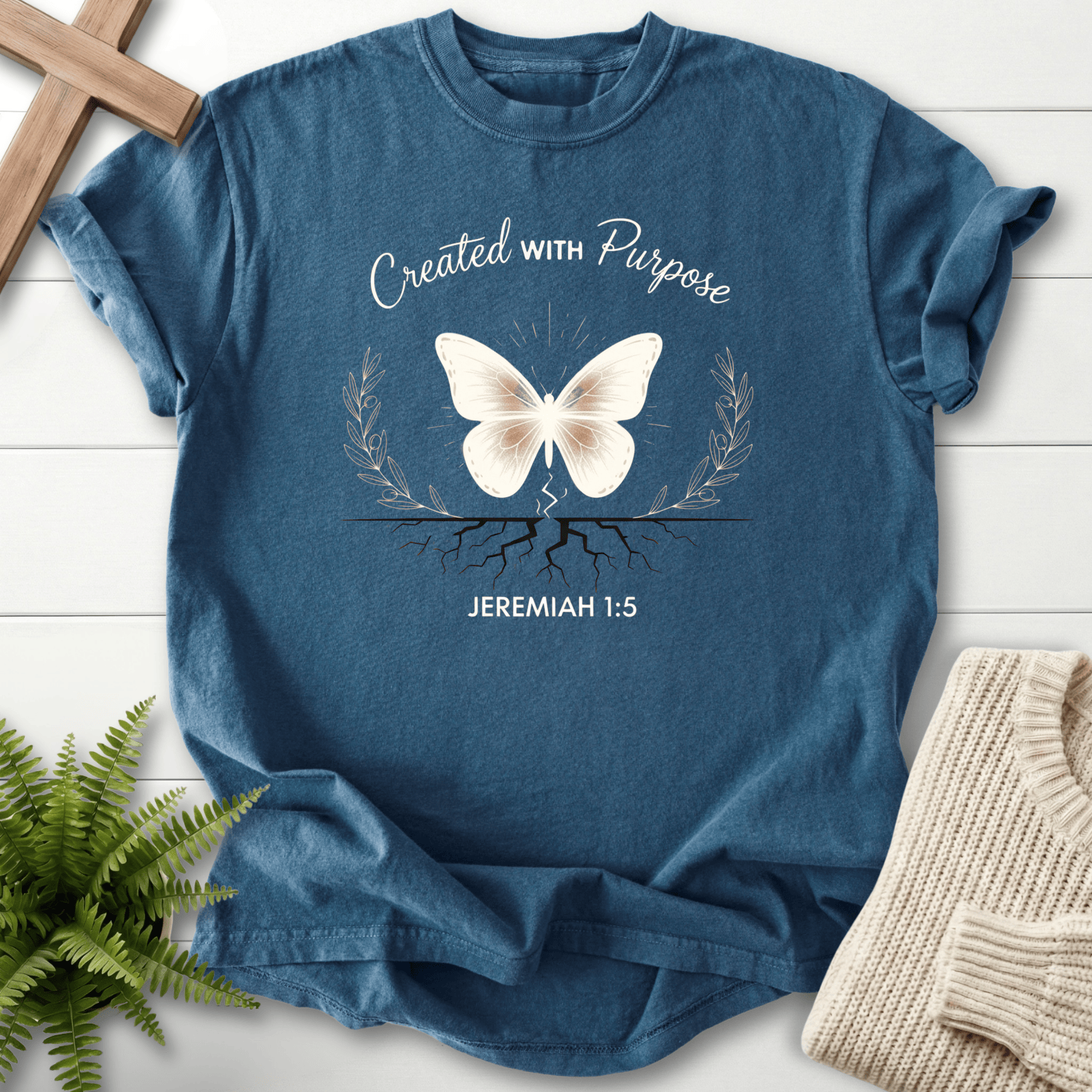 Midnight women's faith t-shirt with a white butterfly and roots illustration, Comfort Colors 1717, inspired by Jeremiah 1:5.