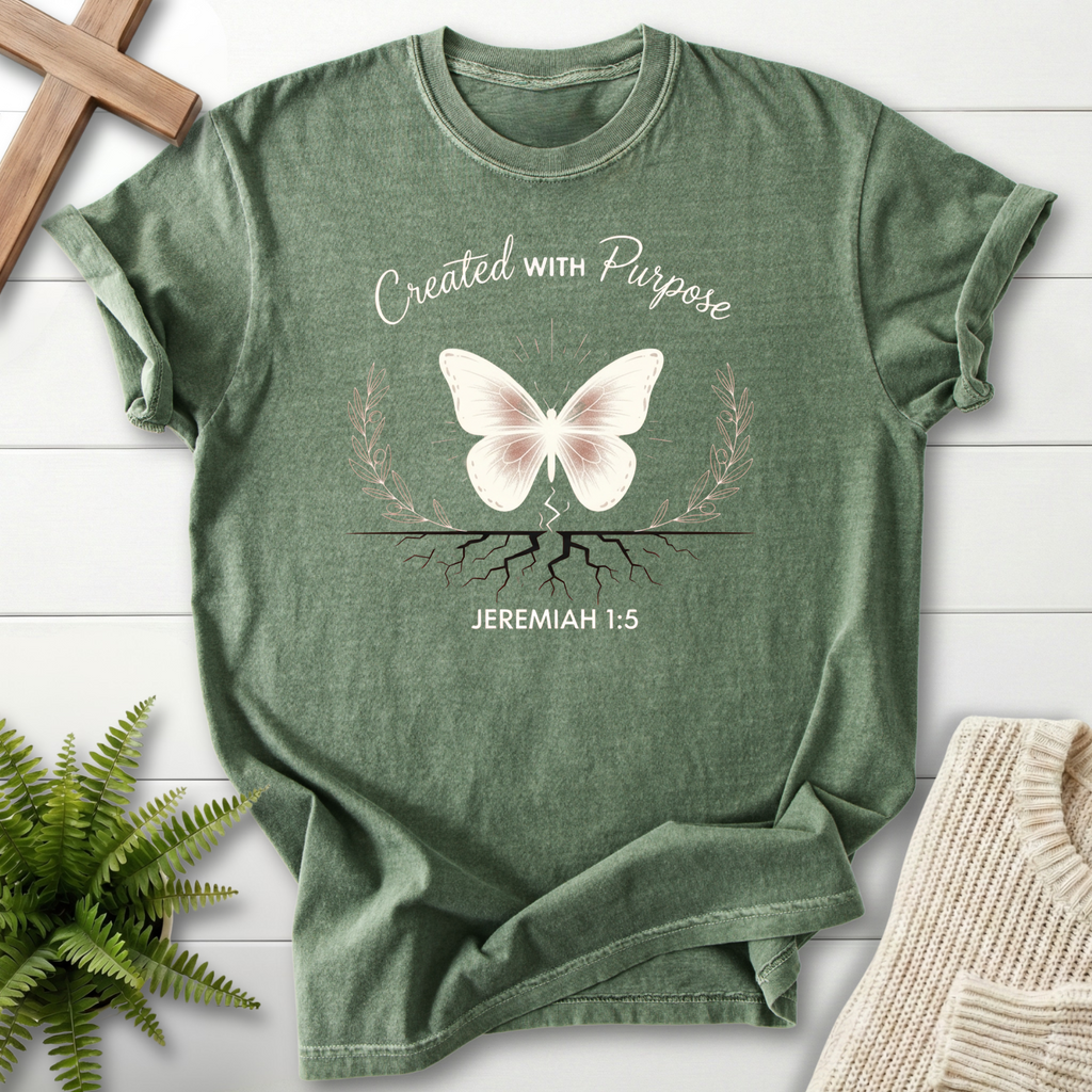 Moss Christian t-shirt for women with a butterfly transformation design, inspired by Jeremiah 1:5.