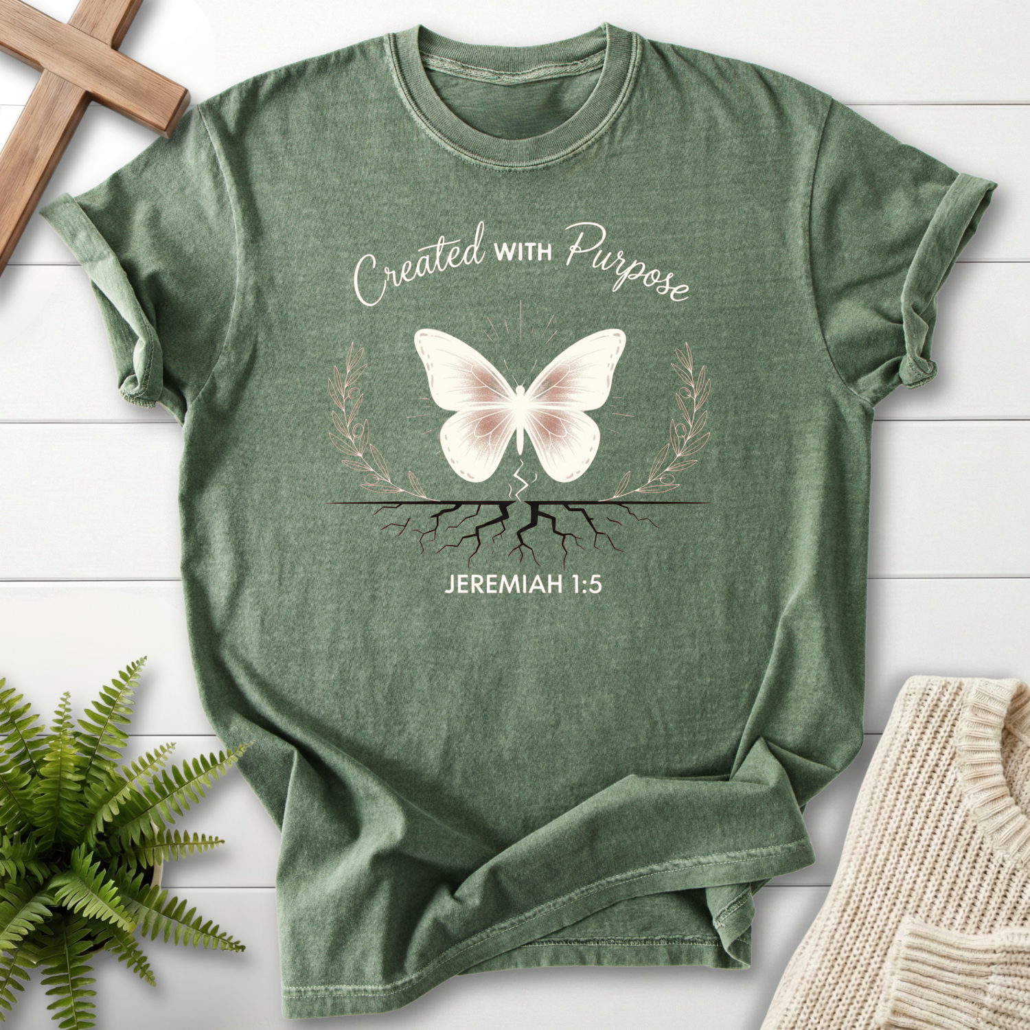Moss Christian t-shirt for women with a butterfly transformation design, inspired by Jeremiah 1:5.