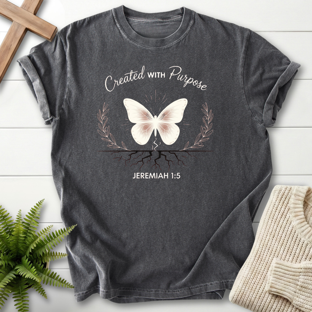 Pepper Christian t-shirt for women with a white butterfly illustration, inspired by Jeremiah 1:5.