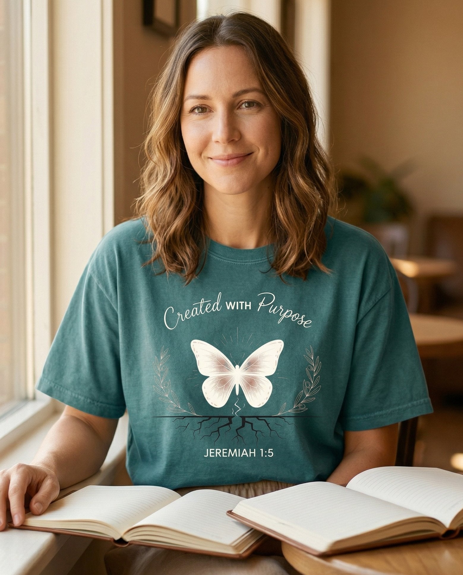 Created with Purpose – Blue Spruce women's Christian tee, lifestyle photo in cozy café – White butterfly with glowing rays above dark roots illustration – Jeremiah 1:5 – She Wears Faith
