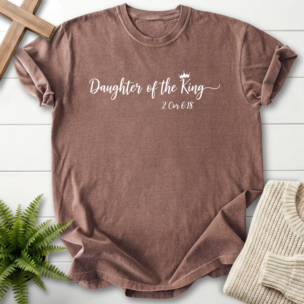 Espresso women's faith t-shirt with white script lettering and a crown icon, inspired by 2 Corinthians 6:18.