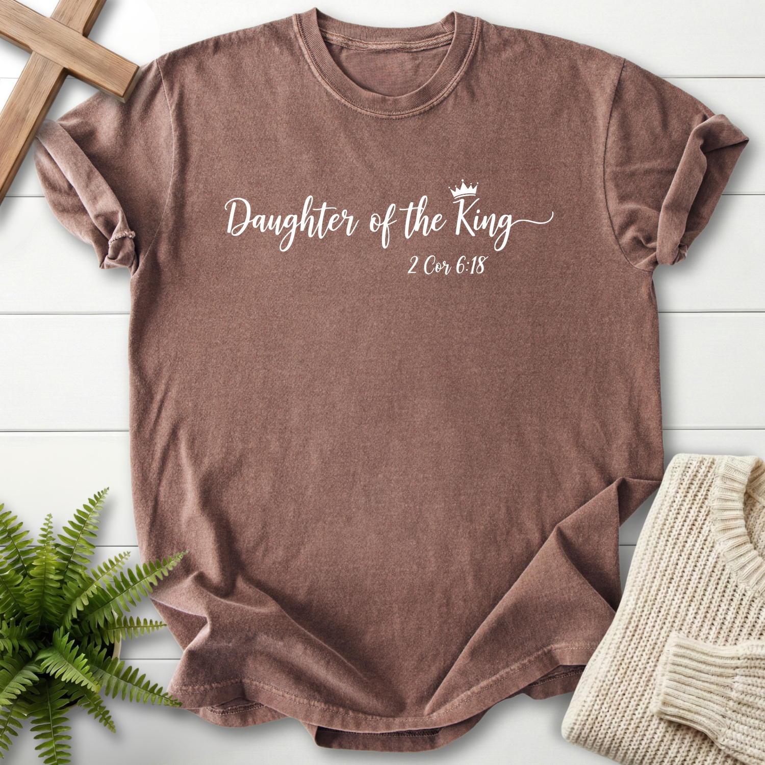 Espresso women's faith t-shirt with white script lettering and a crown icon, inspired by 2 Corinthians 6:18.