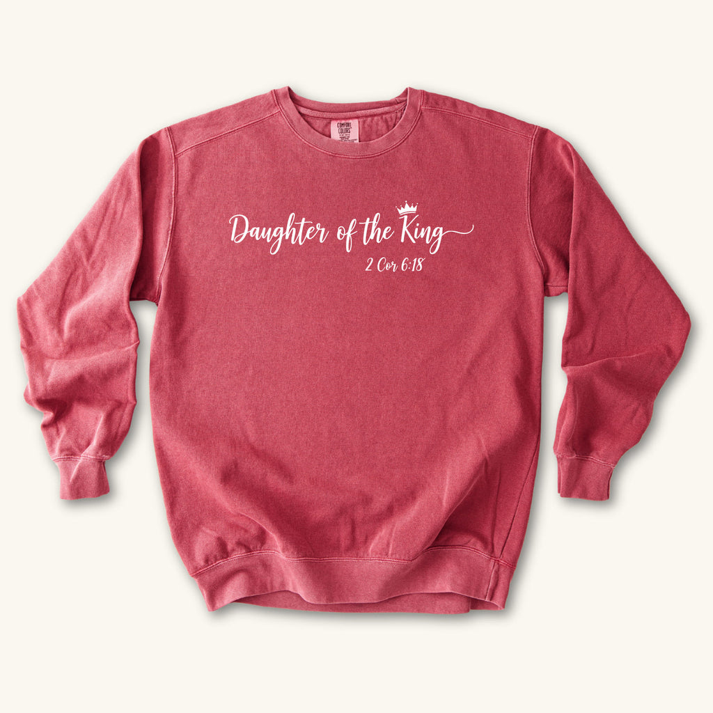 Crimson Daughter of the King Script sweatshirt flat lay mockup, 2 Corinthians 6:18 Christian apparel for women